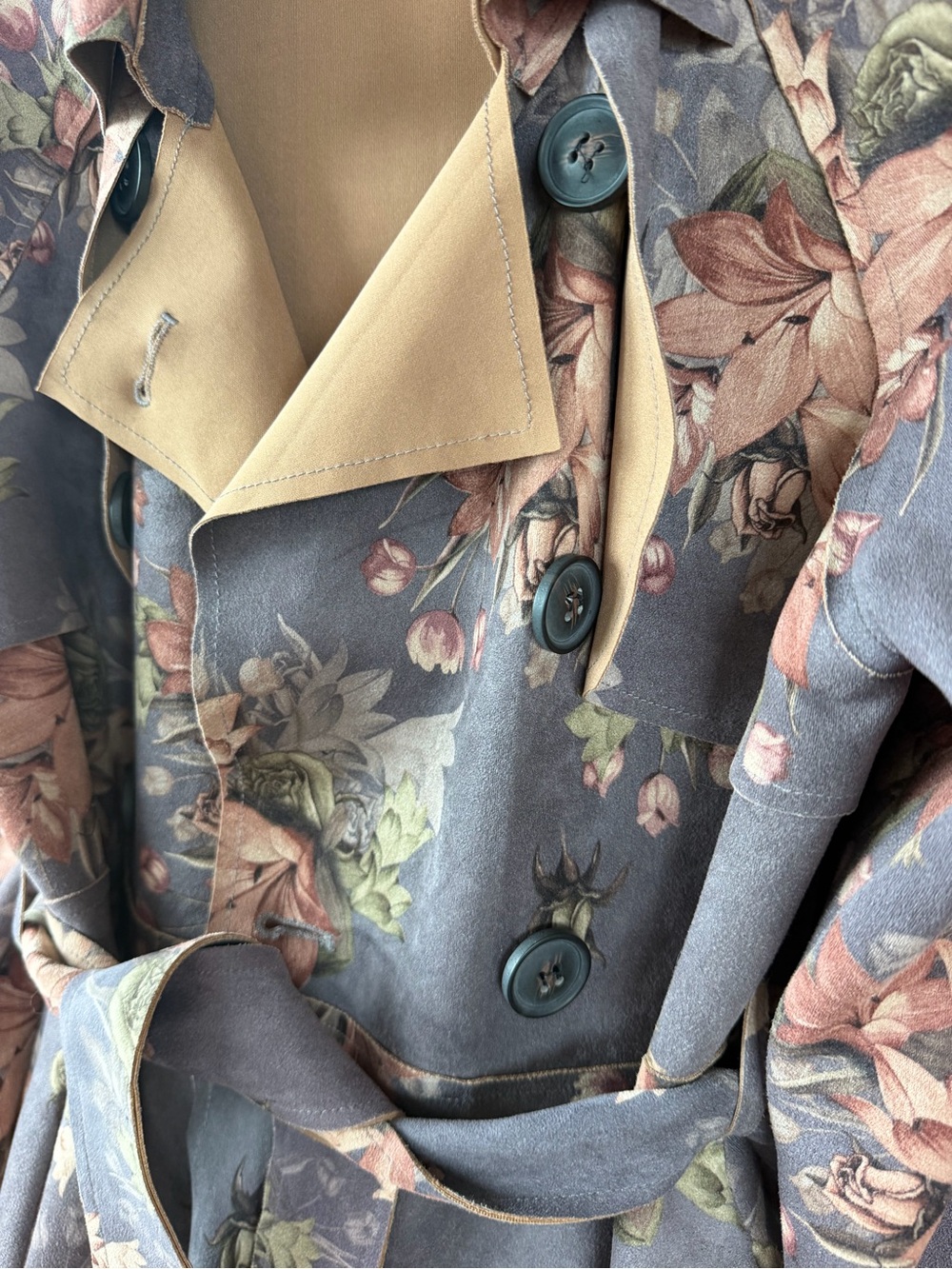 yi.ran Floral Tencel Faux Suede Trench Coat Double Breasted Midi Belted Jacket L - Picture 6 of 15